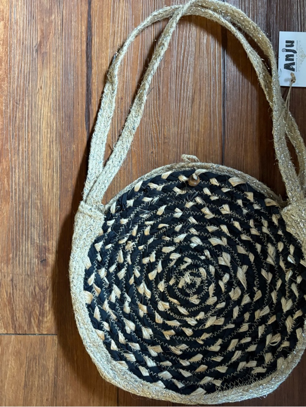 Handwoven Round Jute Shoulder Bag in Black and Natural